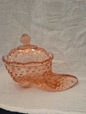 Vintage Peach Hobnail Glass Slipper Candy Dish with Lid
